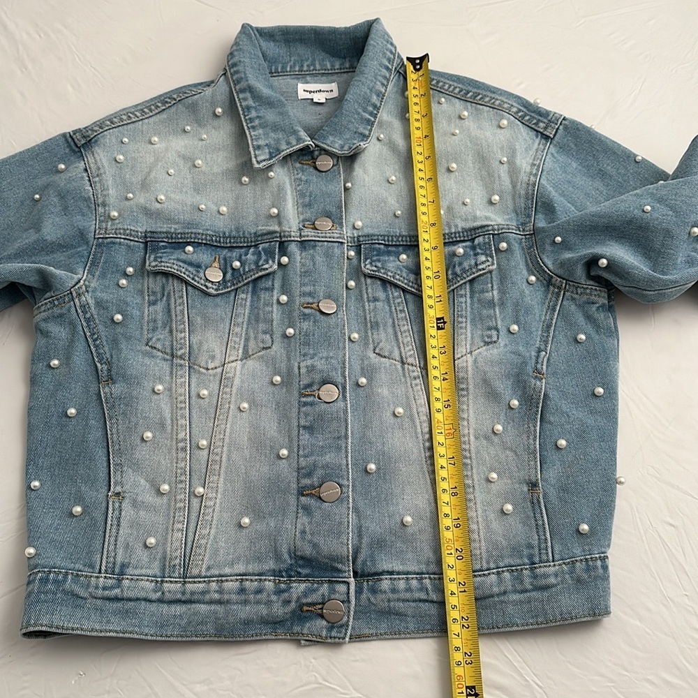 Superdown white pearl embellished light wash blue denim jacket - Picture 7 of 11
